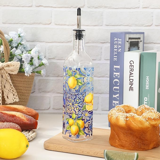 JarThenaAMCS Capri Lemon Olive Oil Dispenser Bottle Glass Cruet Bottle with Spout Vintage Lemon Blue Tile Cooking Vinegar Container for Summer Home Kitchen Table Countertop Decor