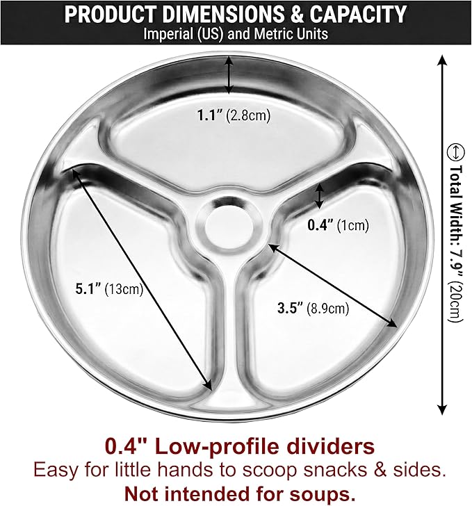 Korean Stainless Steel Divided Plates for Toddlers, Kids, Babies, 8-Inch, Premium 304, Electro-Polished, No Black Residue, BPA-Free, Round 3-Compartment Food Tray, Camping, Diet Control, Set of 2