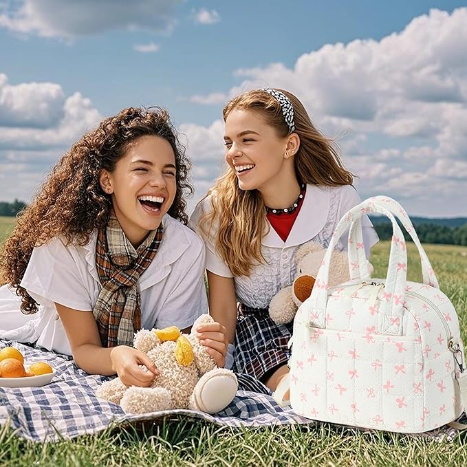 LEDAOU Lunch Box for Women girls Lunch bag Quilted Puffer Lunch Box with Adjustable Strap Insulated Reusable LunchBox for Work School Picnic Travel (Pink Bow)