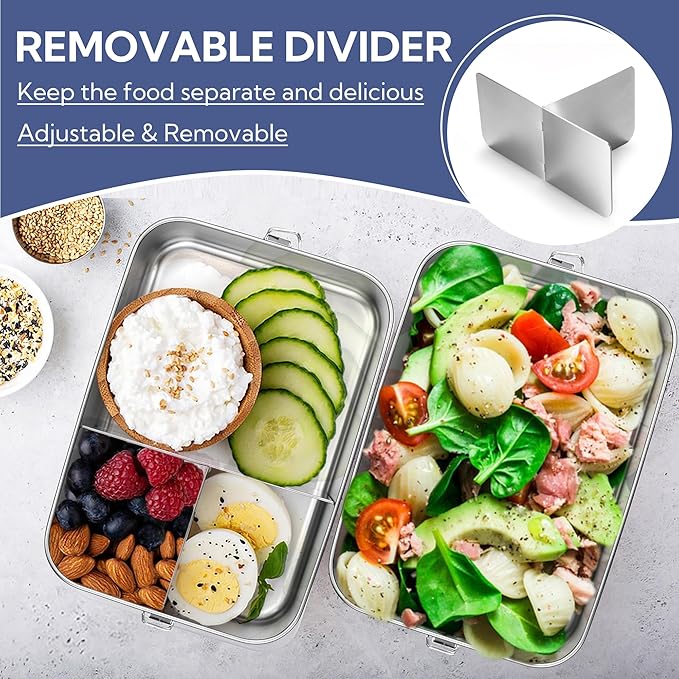 E-far Stainless Steel Bento Box, Large 2400ml Metal Lunch Box, 81oz Leak-Proof Lunch Food Container with Lids and Divider, Reusable Meal Storage for Camping Picnic Travel Work