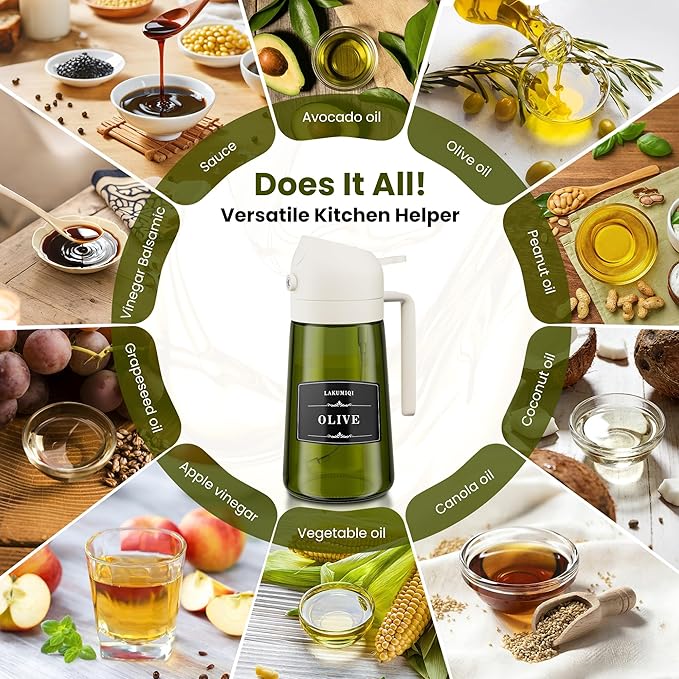2 in 1 Oil Sprayer for Cooking, 16oz Olive Oil Dispenser Bottle for Kitchen, Food Grade Light-Blocking Leak Proof Glass Spray Bottle for Salad, Air Fryer, BBQ