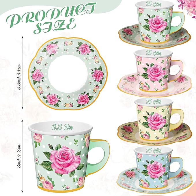 Umigy 60 Sets Spring Tea Party Decorations 6.5 oz Floral Paper Teacups & Saucer Set for Girls Women Afternoon Tea Parties Mothers Day Bridal Shower Wedding Birthday Party Decorations(Multicolor)