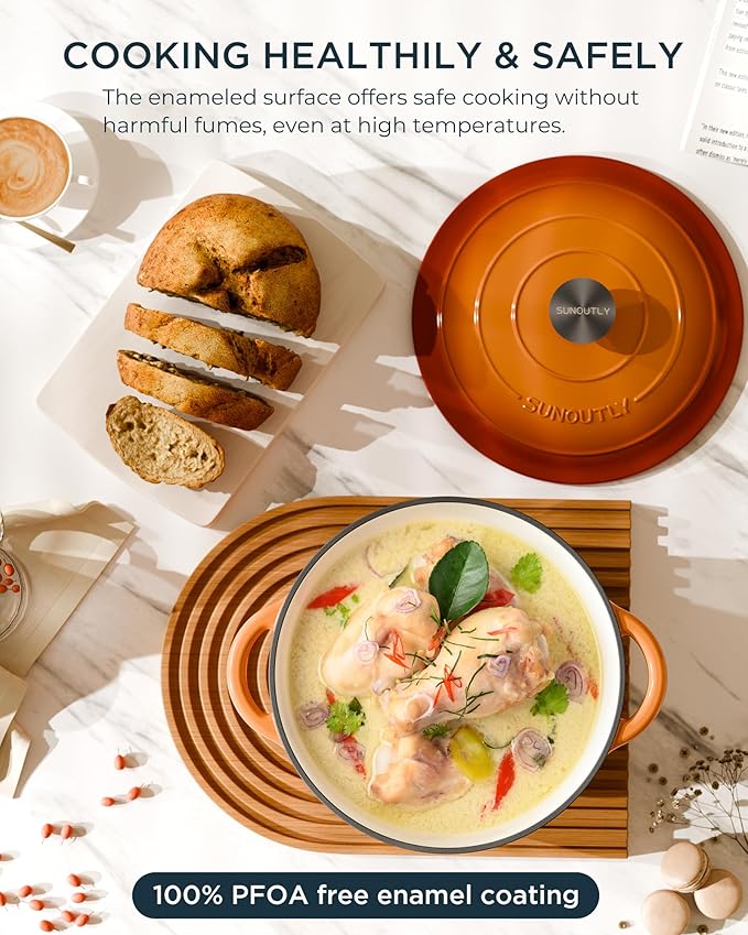 Enameled Cast Iron Dutch Oven - 4.5QT Dutch Oven Pot with Lid & Cotton Potholders - Heavy-Duty Non Stick Casserole Pot for Braising, Stews, Roasting, Baking, Suitable for All Stovetops, Vibrant Orange