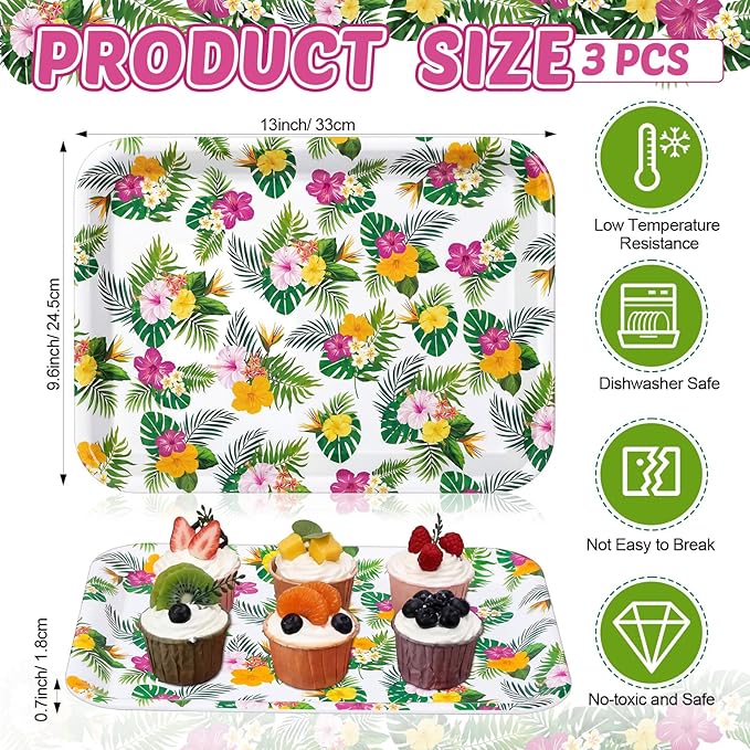 Vesici 3 Pcs Hawaiian Luau Serving Trays 13 x 10 Inch Aloha Tropical Palm Leaf Hibiscus Floral Melamine Platters Reusable Rectangular Serving Dishes for Summer Beach Party Sharing Snacks Fruit Dessert