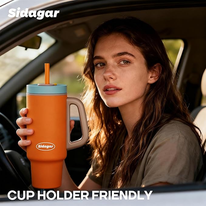Tumbler with Handle,36 oz Ceramic Lined Travel Mug Water Bottle with Straw,Vacuum Insulated Stainless Steel Cup with Lid,Fits Cup Holder, Leak Resistant Press-in Lid,Orange