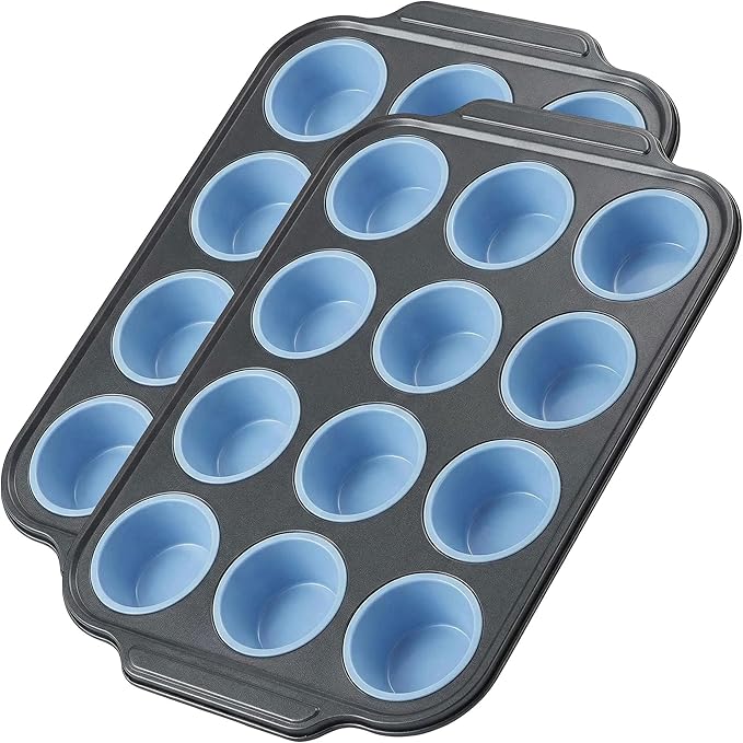 Boyun Silicone Muffin Pan for Baking,No-Spill Easy-Transfer Design,Reinforced Steel Frame, Non-Stick & Dishwasher Safe,12-Cup Regular Size Muffin & Cupcake Pan Bakeware for Oven (Blue 2pcs)
