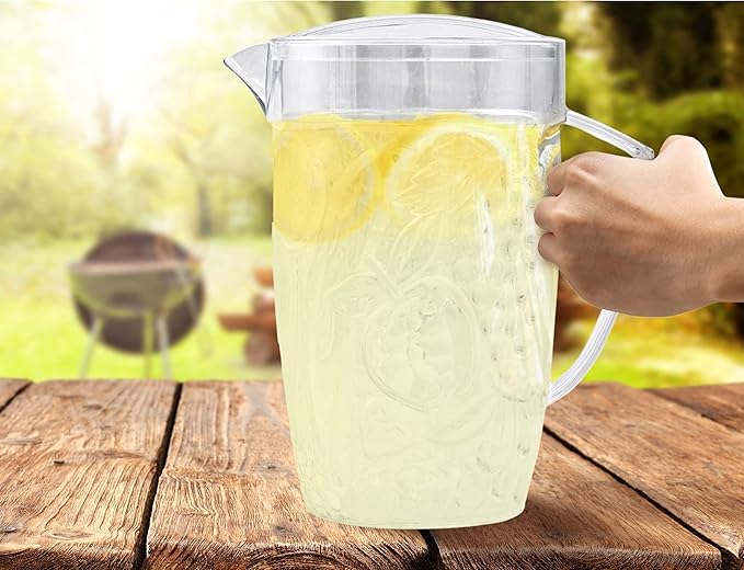 Arrow Home Products Clear Plastic Beverage Pitcher with Lid, 76 Ounce - Thick-Walled Fruit Design, Made in the USA - Fill with Ice Water, Iced Tea or Juice - BPA Free, Dishwasher Safe