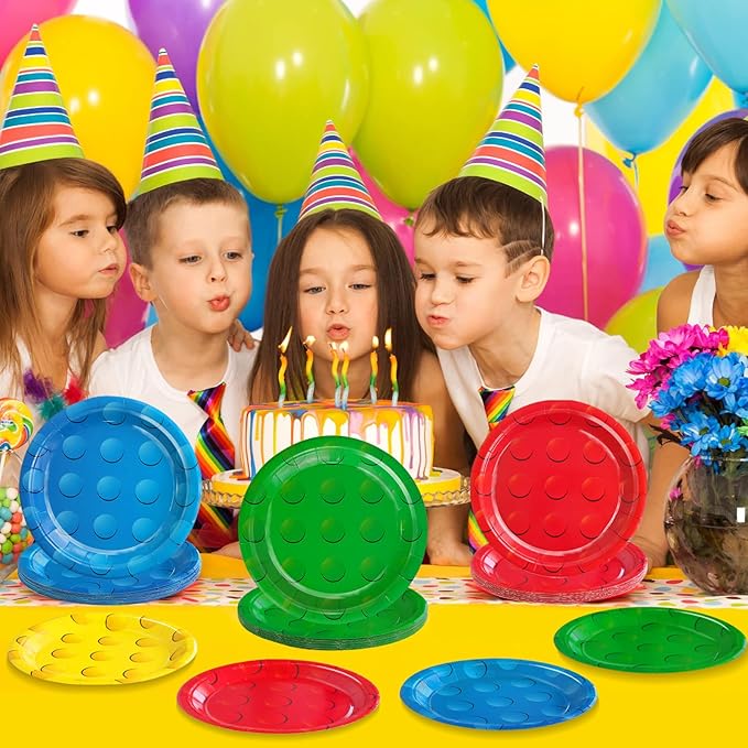 48Pcs Building Block Paper Plates, Colorful Building Bricks Themed Party Supplies 7" Building Block Disposable Plates for Birthday Baby Shower Party Decorations