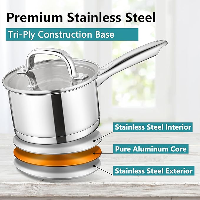E-far Stainless Steel Saucepan with Lid Set - 1QT & 2QT &3QT, Triply Sauce Pan Induction Pot for Cooking, Boiling, Compatible with All Stoves, Visible Lid, Healthy & Non Toxic, Oven & Dishwasher Safe