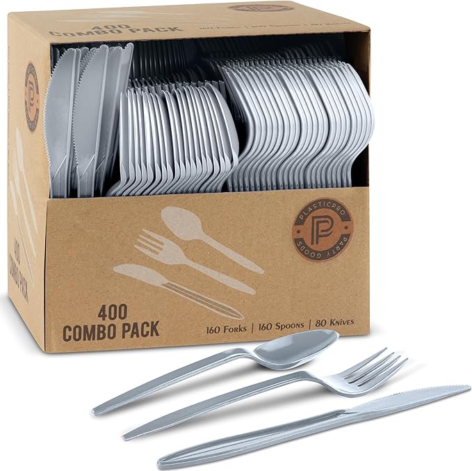 PLASTICPRO 400 Pack Disposable Plastic Utensils Assorted Colored Cutlery Combo Set Forks Spoons Knives Silverware, Silver Plastic Cutlery for Parties