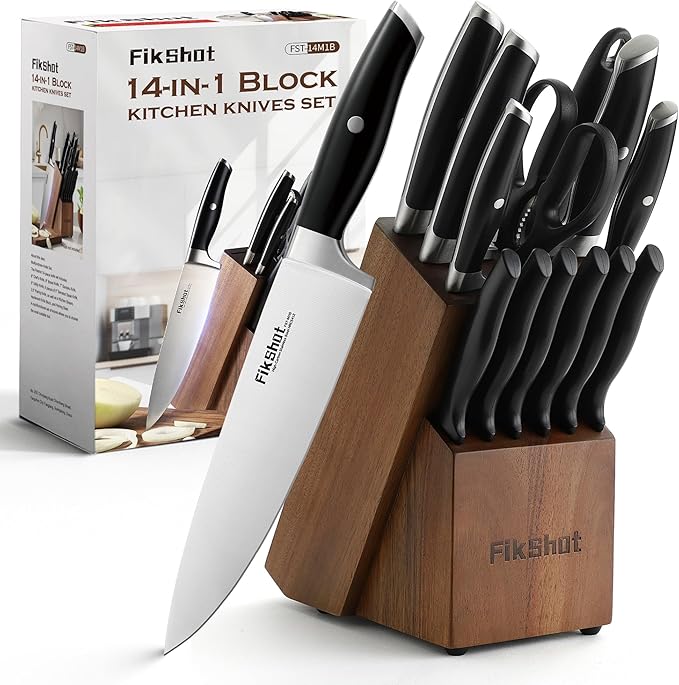 Knife Set 14-Piece Ultra-Sharp Full Tang Chef Knives with Block and Sharpener, High-Carbon Steel Black Handle for Kitchens, BBQs and Feasts, Rust-Resistant, Dishwasher-Safe, Gift for Chefs