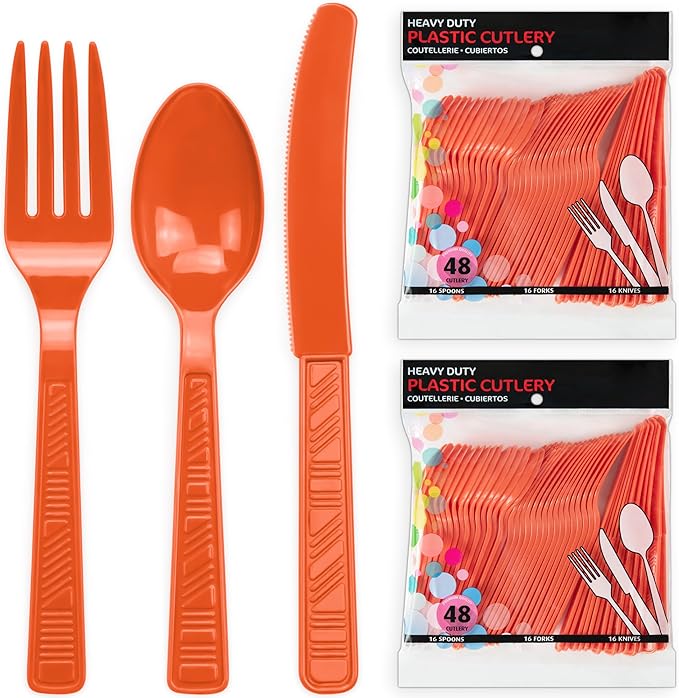 DecorRack Plastic Cutlery Set, Orange Colored Plastic Silverware Sets for Parties, 96 Piece Bulk Heavy Duty Utensils (Orange, 96 Pieces)