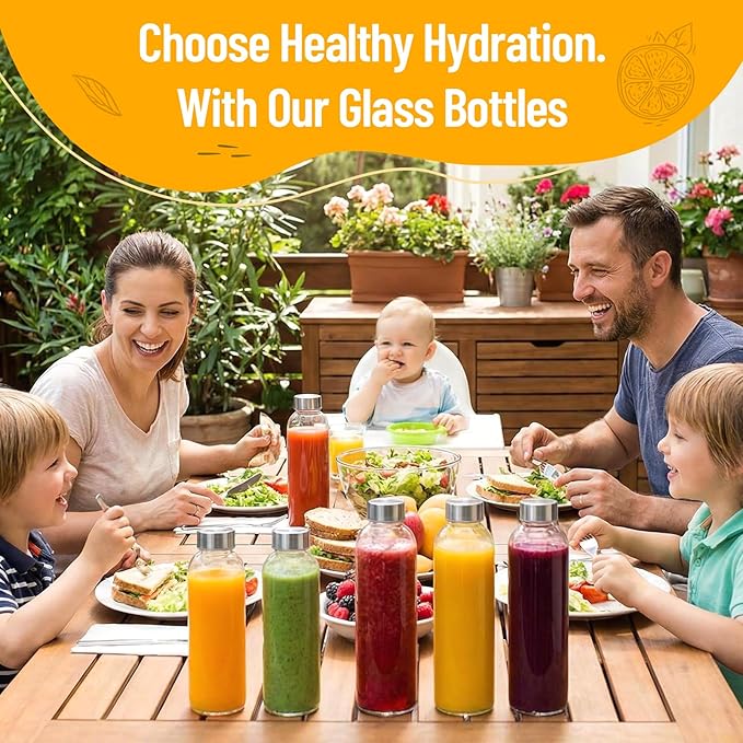 Clear Glass Bottles with Lids 18 oz, Reusable Glass Water Bottles with Stainless Steel Cap for Juicing, Refrigerator,100% Leak Proof, BPA Free, Juice Water Bottle Set of 10