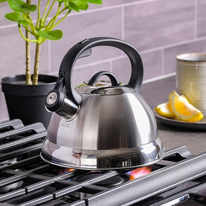 Mr. Coffee Flintshire 1.75-Quart Stainless Steel Whistling Tea Kettle – Brushed Satin Finish Stove-Top Kettle for Boiling Water