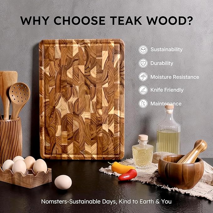 Teak Wood End Grain Cutting Board for Kitchen with Non-slip Feet, Heavy Duty Checkered Cutting Board Handcrafted Luxury Chopping Board for Cooking and Serving Wooden Butcher Block Non Toxic