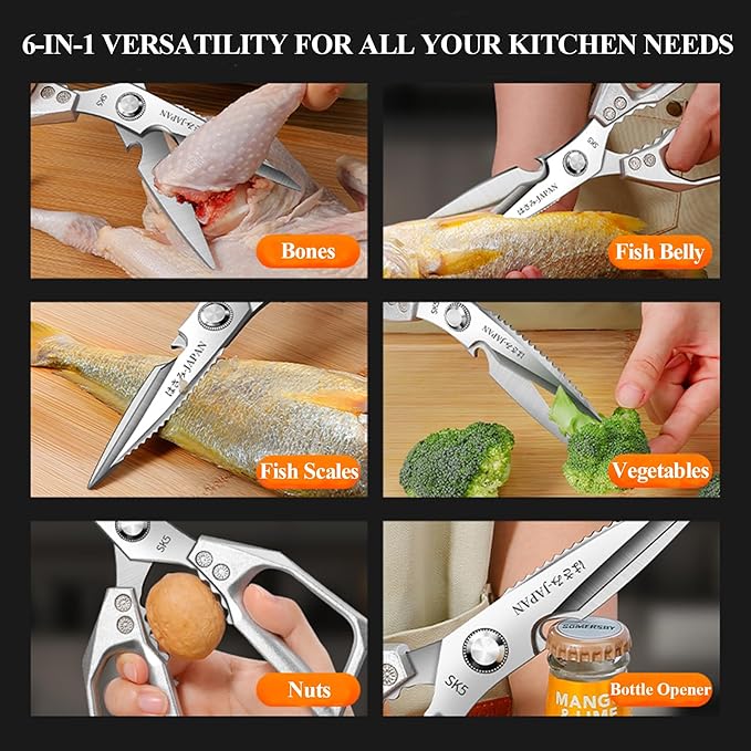 2-Piece Heavy Duty Kitchen Scissors Professional Stainless Steel Meat & Poultry Shears for Cutting Chicken Bones with Ergonomic Handles, Dishwasher Safe for Kitchen & BBQ Silver