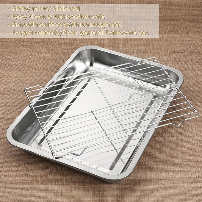 Quarter Baking Sheet Pan with Cooling Rack Set (2 Pans + 2 Racks), Stainless Steel Cookie Sheets Quarter Sheet Pan for Oven Baking, Warp Resistant & Nonstick, Size 14 x 10 x 1.8 Inch