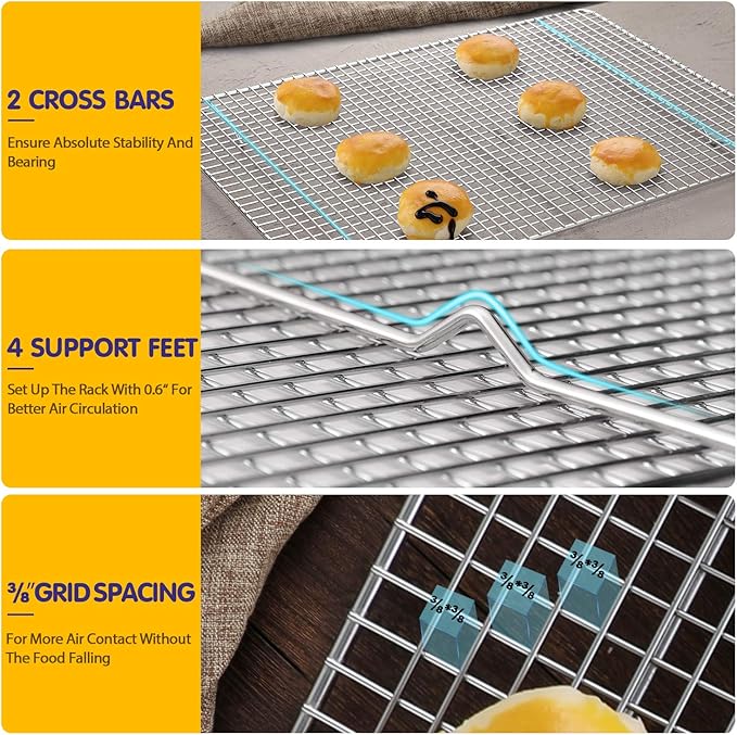 Hiware 2-Pack Cooling Racks for Baking - 10" x 15" - Stainless Steel Wire Cookie Rack Fits Jelly Roll Sheet Pan, Oven Safe for Cooking, Roasting, Grilling