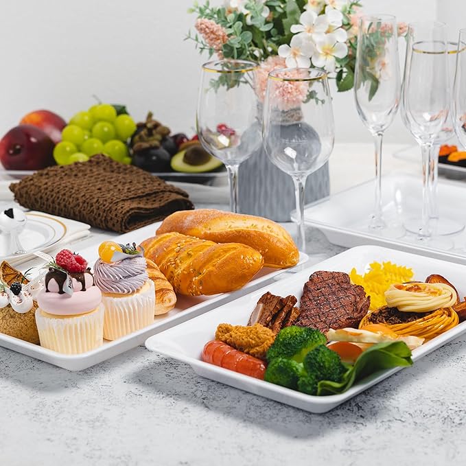 6-Pack 14" x 9" White Large Plastic Serving Trays, Reusable Serving Platters for Dessert, Fruit, Snacks, Cookies, Heavy Duty Food Serving Tray for Kitchen, Party