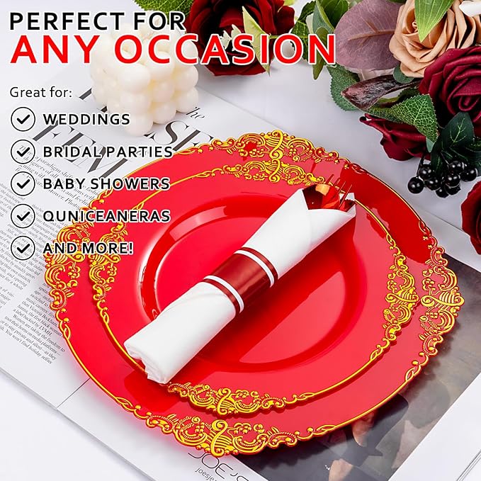 400PCS Pre Rolled Red Plastic Silverware Sets - Heavy Duty Red Cutlery - Include 100 Pack Wrapped Disposable Utensils with Napkins for Parties & Dinners & Weddings