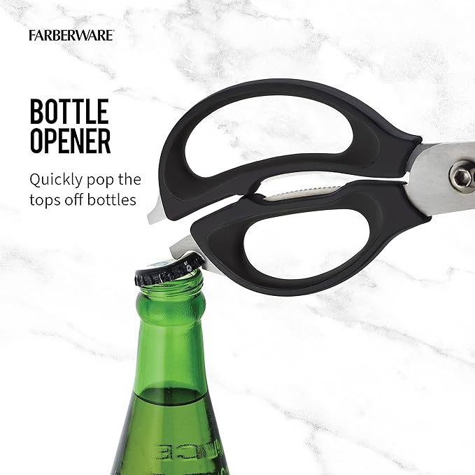 Farberware 4-in-1 Kitchen Scissors with Black Handle, High-Carbon Stainless Steel Shears with Bottle Opener, Jar Opener and Screwdriver, Kitchen Shears for Food Prep