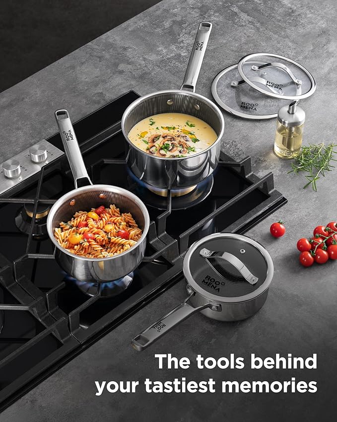 Nonstick Sauce Pan with Lid, Non-Toxic Tri-Ply Hybrid Ceramic Saucepan, 1.5 Quart Stainless Steel Pans, PFAS/PFOA/PTFE Free, Dishwasher & Oven Safe, Induction Compatible