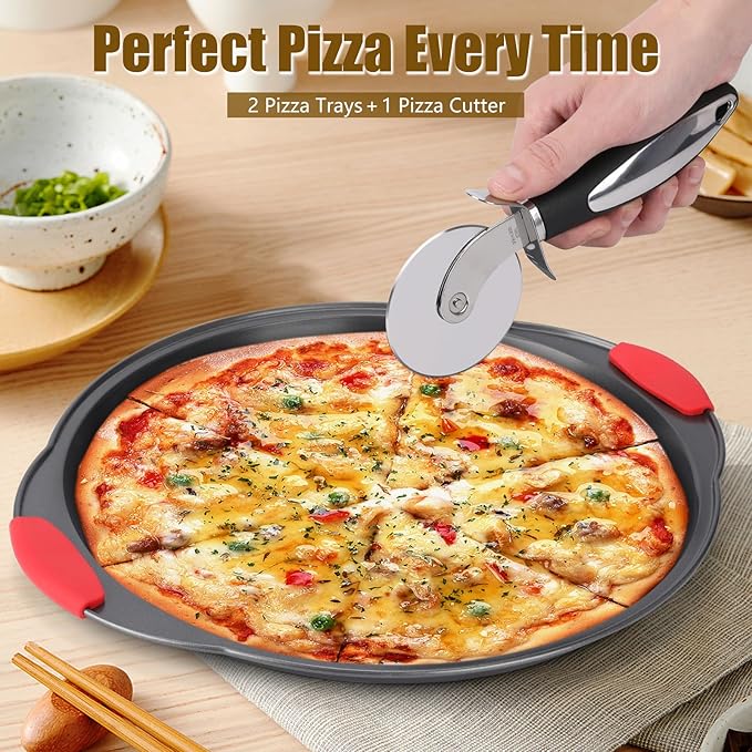 Pizza Pan for Oven (2 PACK), Pizza Baking Trays with Pizza Cutter, Non-Stick Pizza Baking Pan with Perforated Holes and Silicone Handle, Oven & Dishwasher Safe Carbon Steel