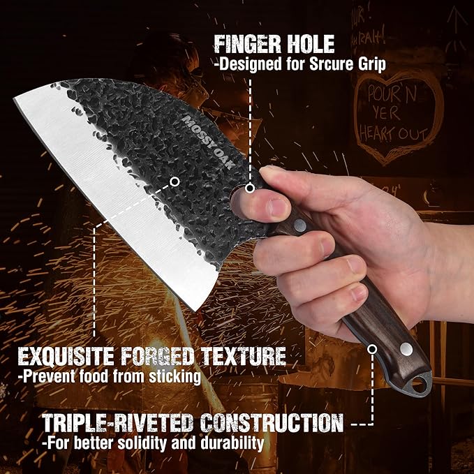 Mossy Oak Butcher Knife Set, 3PCS Hand Forged Chef Knives with Oxford Roll Bag, Meat Cleavers Full Tang Handle for Cutting, Boning and Chopping, Kitchen Knives for Outdoor Cooking, Camping