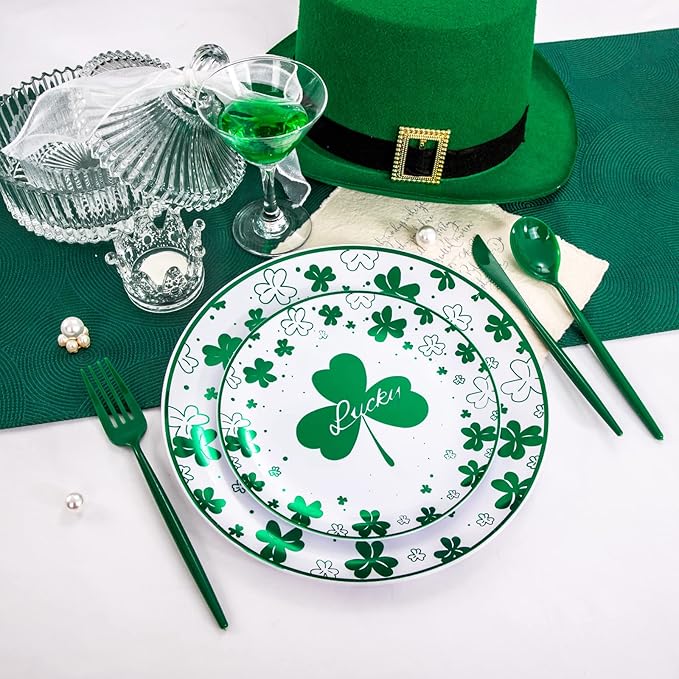 Rubtlamp 60Pcs Plastic Green Plates,St Patricks Day Plates with Green Trefoil and Lucky Alphabet, Green Disposable Plates include 30 Plastic White Dinner Plates and 30 Salad Plates for Spring