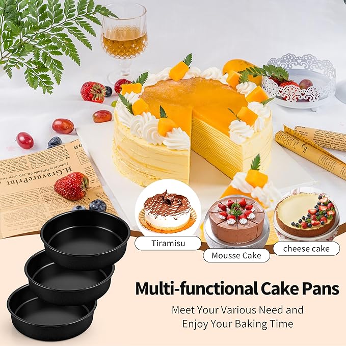 P&P CHEF 7 Inch Cake Pan Set of 3, Non-Stick Round Cake Pans Tins for Tier Smash Cakes, Baking Pans Set & Essential Bakeware, Stainless Steel Core & Leak-Proof