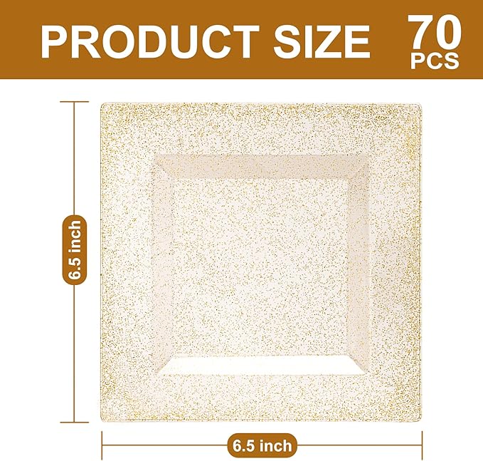 N9R 70 PCS Gold Glitter Plastic Plates, 6.5 Inch Gold Dessert Plates Disposable, Premiun Appetizer Square Plate for Party, Wedding and Birthday