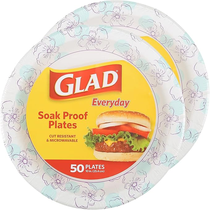 Glad Round Disposable Paper Plates, Blue Flower - Soak and Cut Proof, Microwave Safe, Heavy Duty Bulk Plates for Dinner and Everyday Use, 10 Inch - 50 Count - 2 Pack