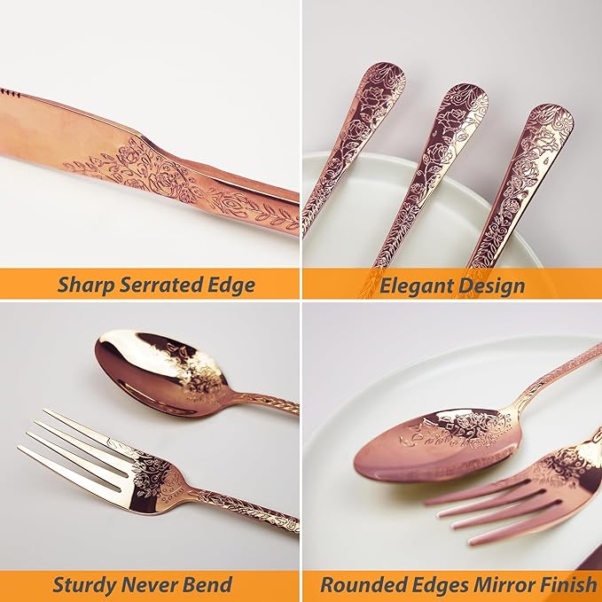 Runfly Vintage Carved Floral Rose Gold/Copper Silverware Set for 4, Stainless Steel 20-Piece Flatware Set with Knife/Fork/Spoon, Cutlery Set for Home and Kitchen, Modern Utensil Set
