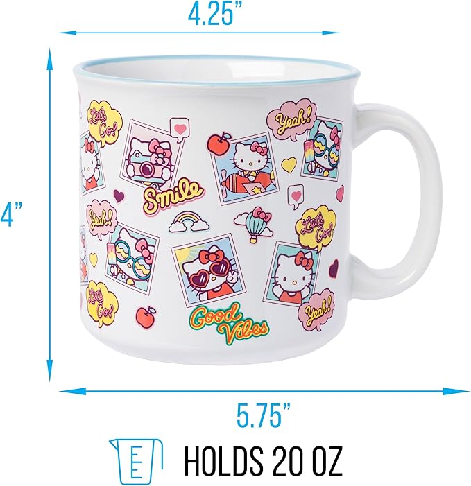 Silver Buffalo Sanrio Hello Kitty Photo Shots Smile Good Vibes Ceramic Camper Mug, 20 Ounces