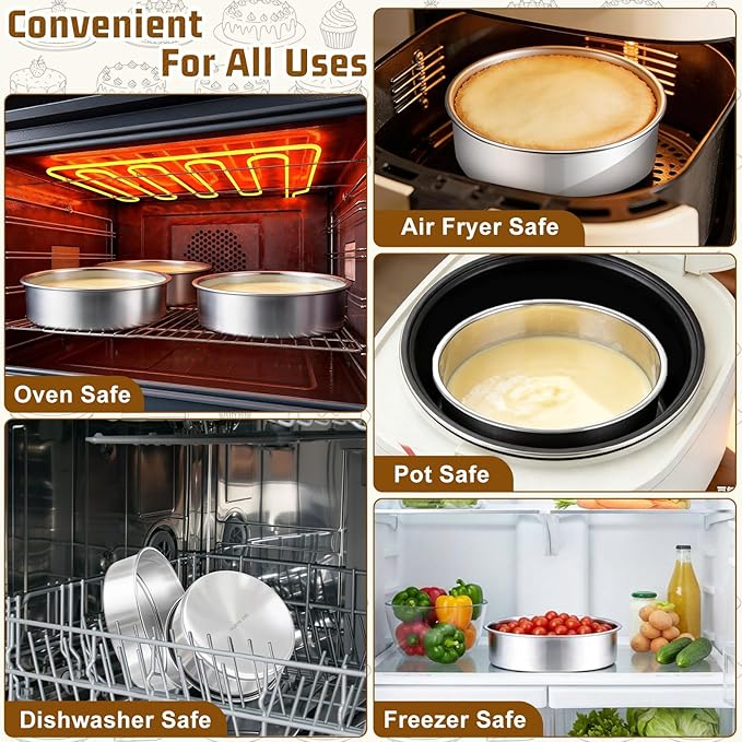 E-far 7 Inch Cake Pan Set of 3, Stainless Steel Round Baking Pans Tins for Layer Birthday Wedding Cakes, Dishwasher & Oven Safe, Healthy & Non-toxic, Leak Proof & Mirror Polished