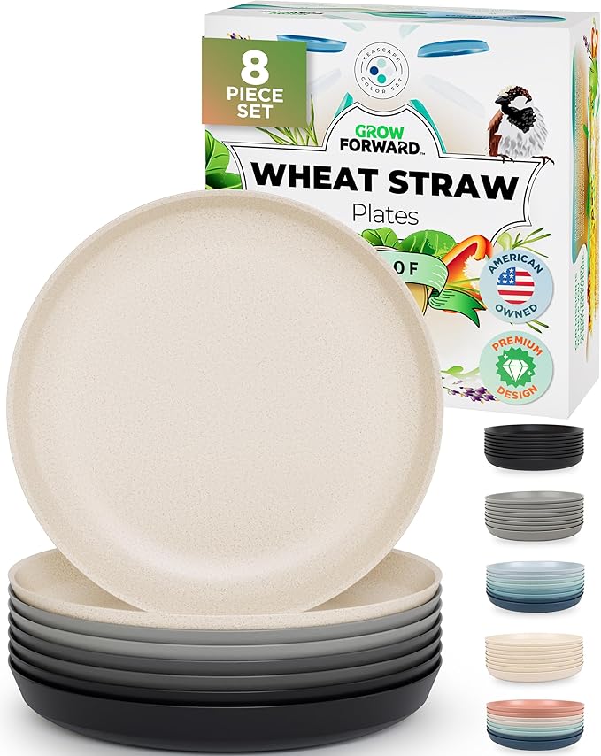 Grow Forward Premium Wheat Straw Plates - 10 Inch Reusable Hard Plastic Dinner Plates Set of 8 - Unbreakable Microwave Safe Plates for Dessert, Camping, RV, Outdoors, Patio, Kitchen Dishes - Moonlight
