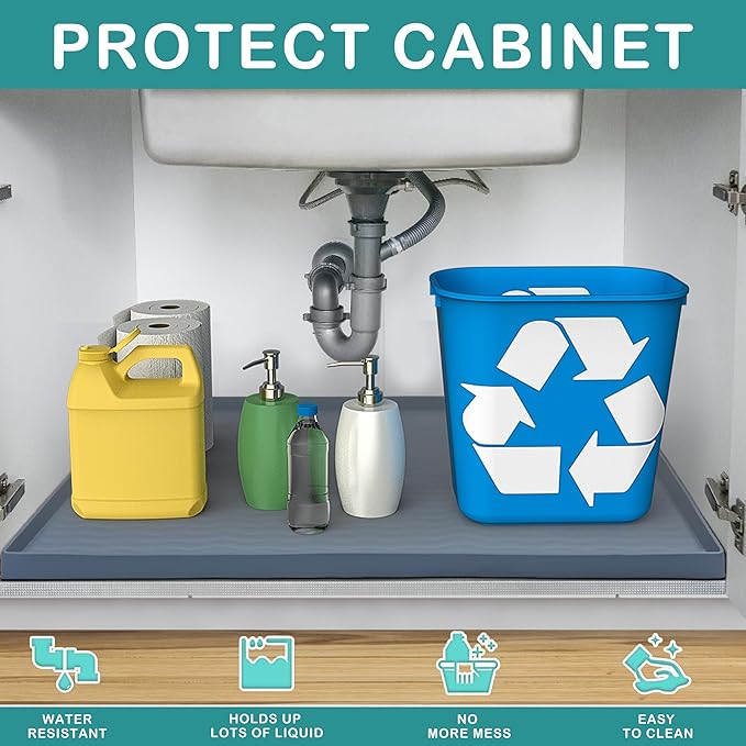 URMONA Waterproof Silicone Under Sink Mat 28'' x 22'' Shelf Liner for Kitchen and Bathroom, Cabinet and Counter Protector, Storage and Organizers, Litter Mat, Pet Cat Puppy Essentials(Navy)