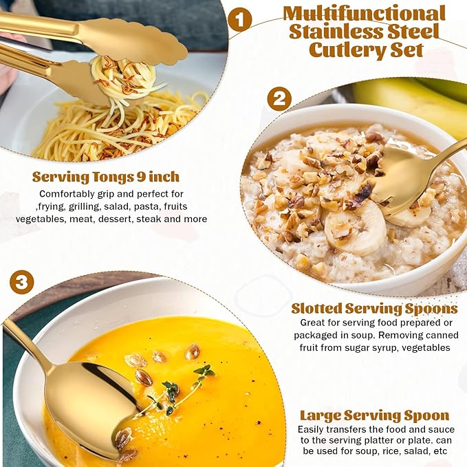 12 PCS Gold Stainless Steel Serving Utensils, Large Serving Spoons Slotted Spoons Servings Tongs Appetizer Tongs Polished Gold Servings Utensils Set for Buffet Catering Banquet Party