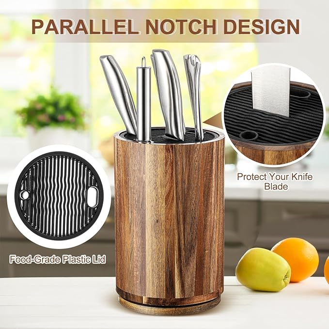 Hushee 360° Rotatable Knife Block Without Knives, 5.9 x 9 Inch Round Acacia Wood Knife Organizer Large Capacity Holder for Scissors Sharpening Rod, Holds up to 10 Knives, Kitchen Organization