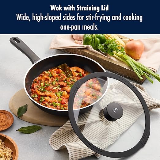 HENCKELS x EMERIL Lagasse Nola 11-inch Nonstick Wok with Lid, Heavy-Gauge Aluminum for Fast, Even Heat Cooking, Made in Italy, Black