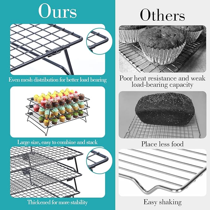 3PCS Stackable Cooling Rack for Baking, 13.3 x 9.3 Inch Carbon Steel Wire Rack with Folding Legs for Cookie Cake Pizza Jerky, Multi-Use Bread Oven Racks for Cooking Roasting Drying Grilling