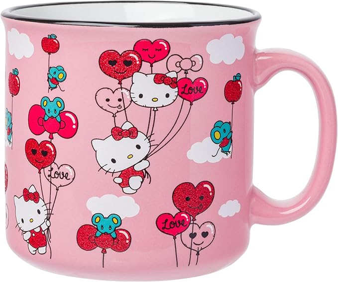 Silver Buffalo Sanrio Hello Kitty Red and Pink Heart, Bow, and Apple Balloons Glitter Pattern Featuring Joey the Mouse Ceramic Camper Mug, 20 Ounces