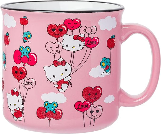 Silver Buffalo Sanrio Hello Kitty Red and Pink Heart, Bow, and Apple Balloons Glitter Pattern Featuring Joey the Mouse Ceramic Camper Mug, 20 Ounces