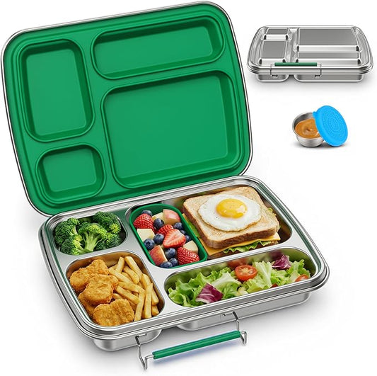Stainless Steel Bento Lunch Box for Kids & Adults, 4 Compartment Kids Lunch Box, Metal Bento Box with Silicone Container and Stainless Steel Sauce Container,BPA-Free,School,Office(Green)