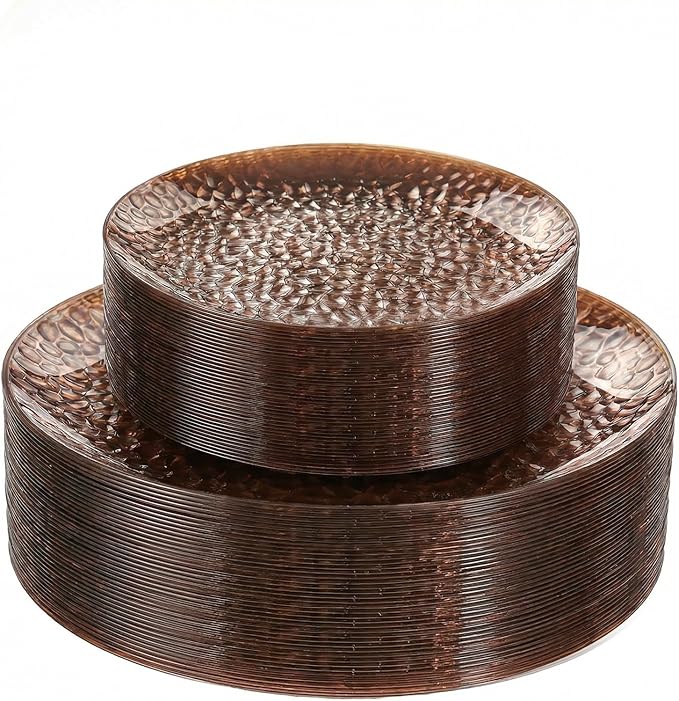 Rubtlamp 60Pcs Plastic Plates, Clear Brown Disposable Plates, Hammered Heavy Duty Plastic Platos, Fancy Disposable Platos Include 30 Coffee Dinner Plate, 30 Amber Salad Plate For Party