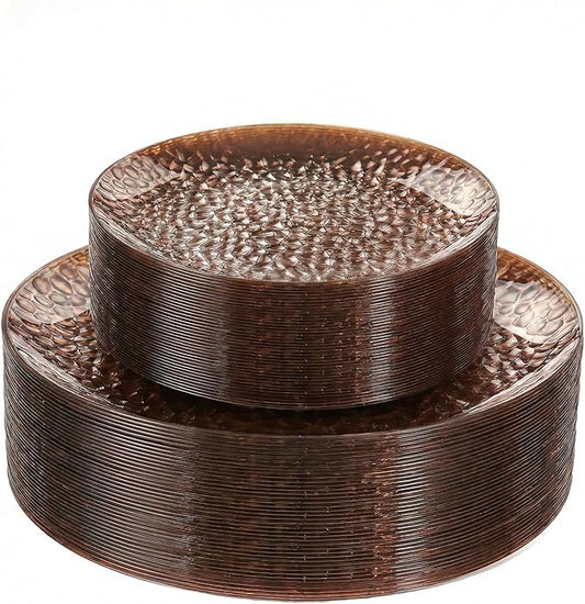 Rubtlamp 60Pcs Plastic Plates, Clear Brown Disposable Plates, Hammered Heavy Duty Plastic Platos, Fancy Disposable Platos Include 30 Coffee Dinner Plate, 30 Amber Salad Plate For Party