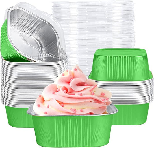 40 Pack Mini Cake Pans with Lids, 5oz Square Aluminum Foil Brownie Baking Cups, Muffin Tin Ramekins, Disposable Dessert Cupcake Cups for Wedding Birthday Party, green