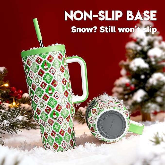 Meoky 40 oz Christmas Tumbler with Handle and Straw, Xmas Tumbler with Lid and Straw, Insulated Stainless Steel Travel Mug, Christmas Gifts for Women Men Adults (Snowy Santa)
