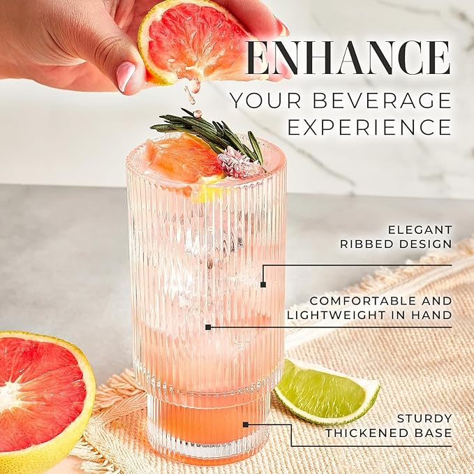 Ribbed Drinking Glasses - Ribbed Glass Cups 12 oz - Ribbed Glassware Set of 12 - Textured Vintage Retro Ripple Aesthetic Glass Ware for Whiskey Cocktail Beer Water, Coffee Bar Accessories