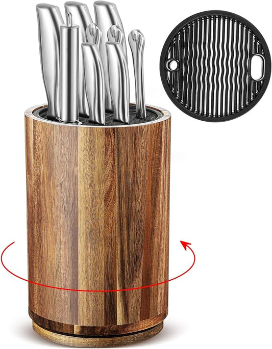 Hushee 360° Rotatable Knife Block Without Knives, 5.9 x 9 Inch Round Acacia Wood Knife Organizer Large Capacity Holder for Scissors Sharpening Rod, Holds up to 10 Knives, Kitchen Organization